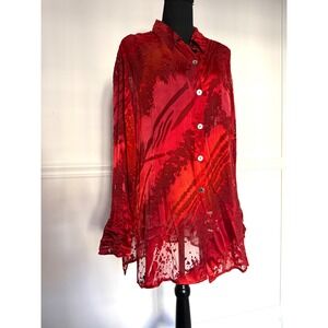 Chicos Sheer blouse Top Red Orange Burnout Silk blend Blouse XL Size 3